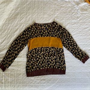 THML Top, size L, faux maroon leather, burnt yellow, triangle print